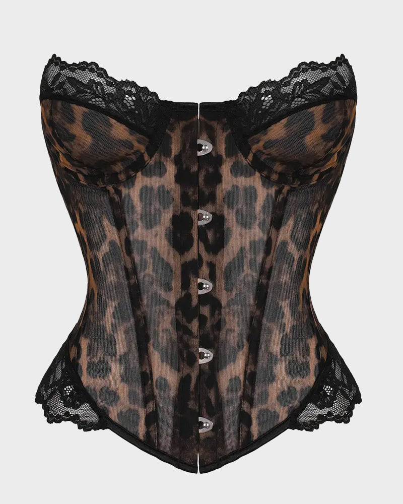 Sheer Mesh Lace-Trim Front-Hook Overbust Corset - view 17