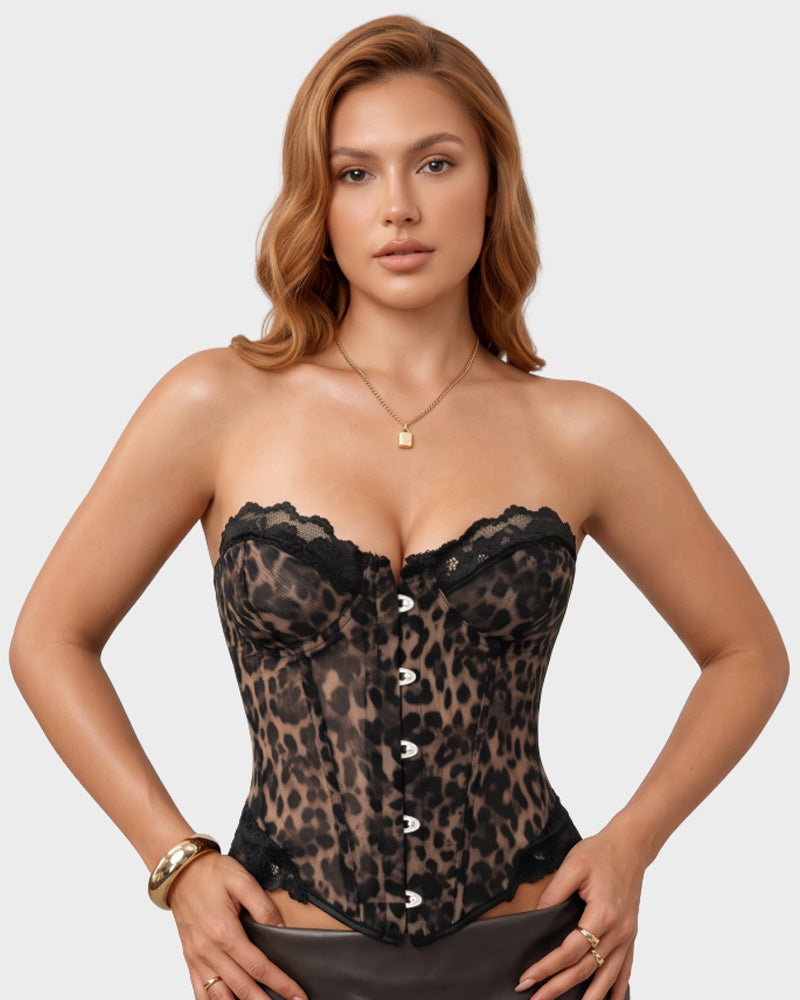 Sheer Mesh Lace-Trim Front-Hook Overbust Corset