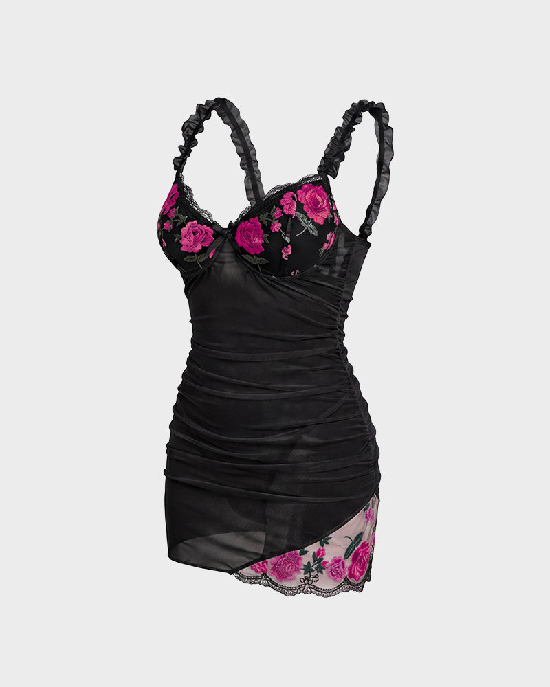 Sheer Mesh Lace Embroidered Babydoll Dress - view 17