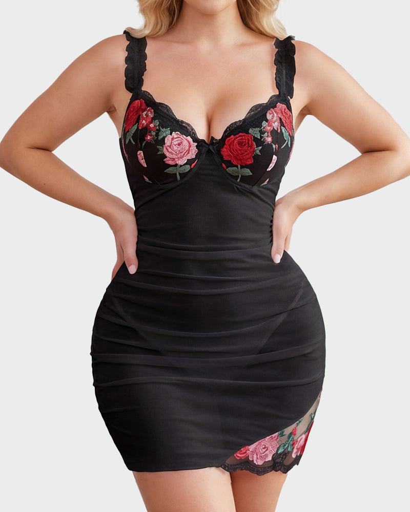 Sheer Mesh Lace Embroidered Babydoll Dress - view 13
