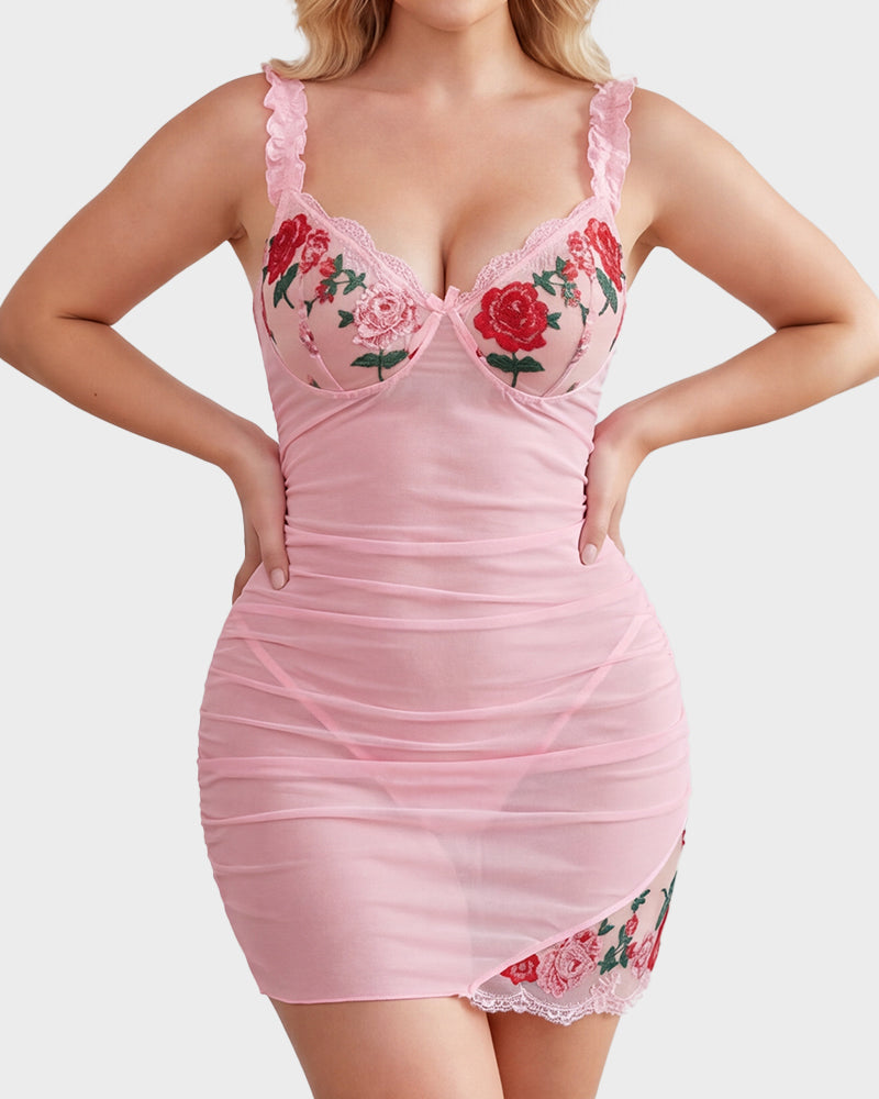 Sheer Mesh Lace Embroidered Babydoll Dress - view 12