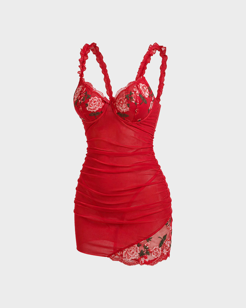Sheer Mesh Lace Embroidered Babydoll Dress - view 18