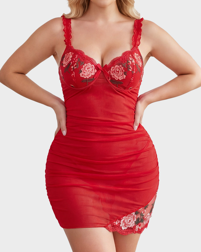Sheer Mesh Lace Embroidered Babydoll Dress - view 14