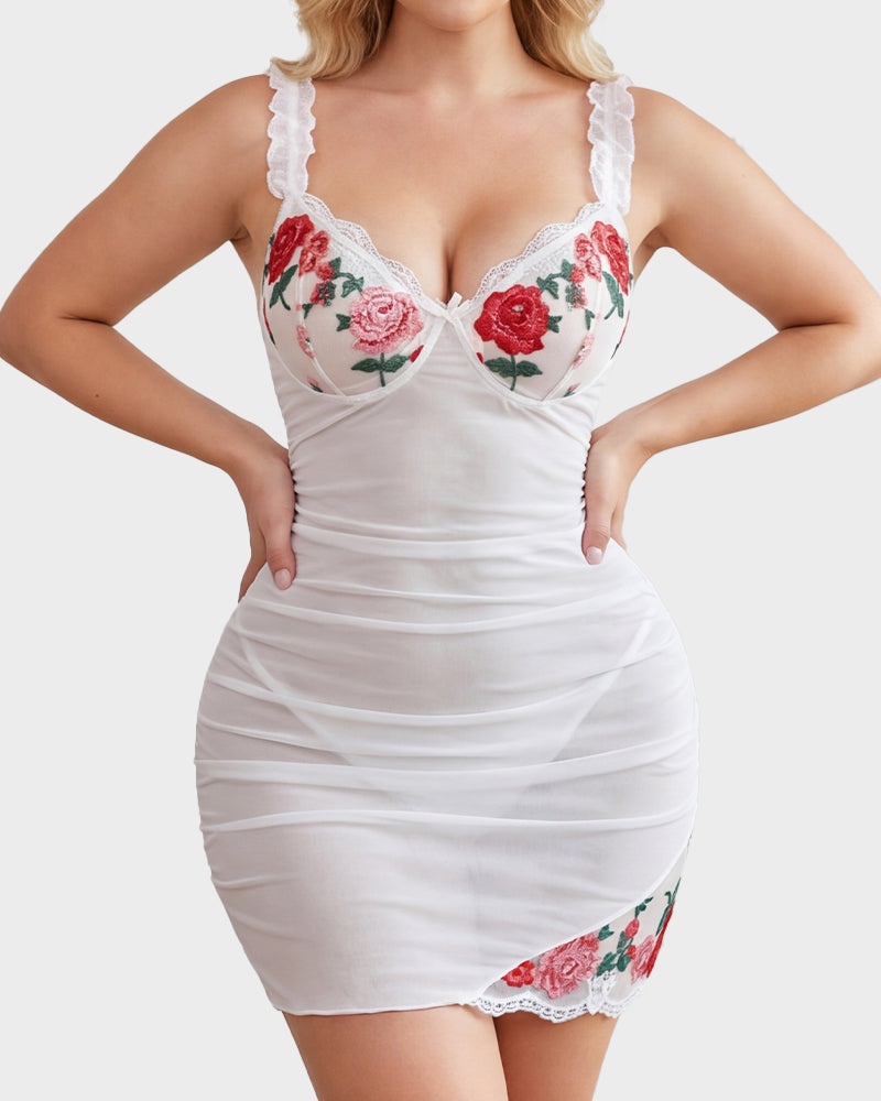 Sheer Mesh Lace Embroidered Babydoll Dress - view 11