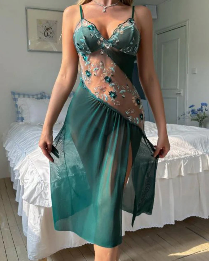 Sheer Embroidered Slit Lace Babydoll - view 15