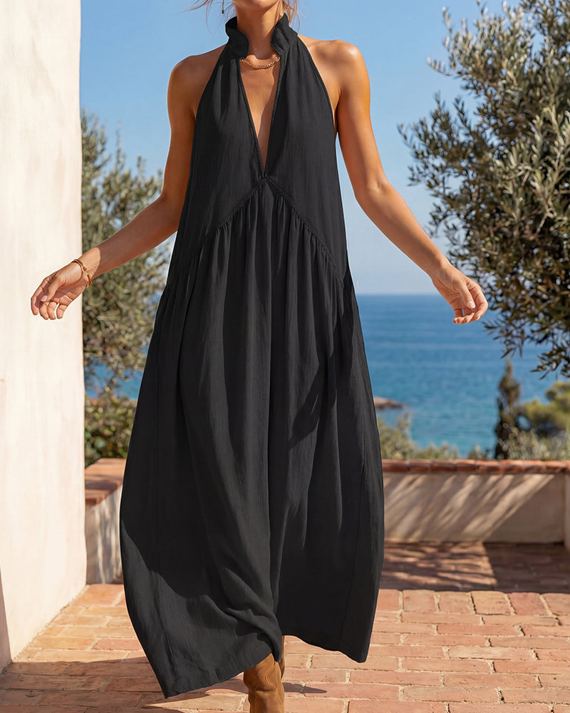 Slimming Flowy Halter Maxi Dress with Pockets - view 4