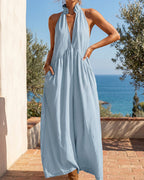 Slimming Flowy Halter Maxi Dress with Pockets - view 8