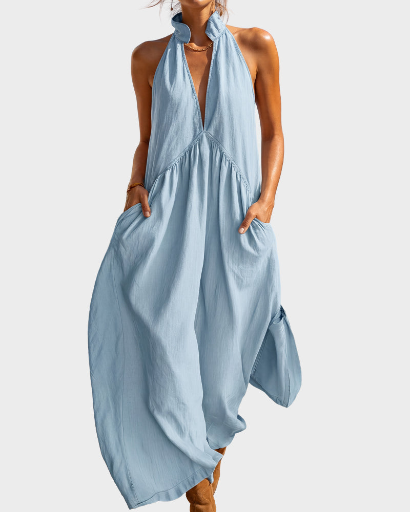 Slimming Flowy Halter Maxi Dress with Pockets - view 15