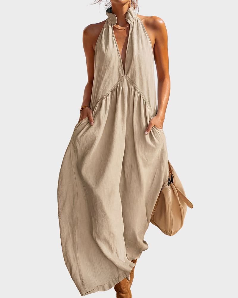 Slimming Flowy Halter Maxi Dress with Pockets - view 13