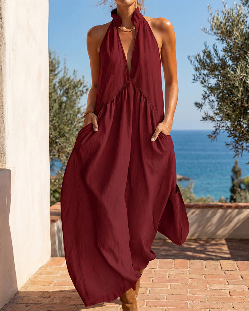 Slimming Flowy Halter Maxi Dress with Pockets - view 10