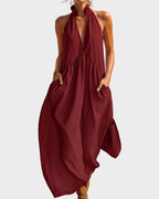 Slimming Flowy Halter Maxi Dress with Pockets - view 16