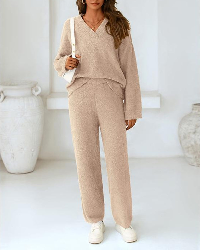 Soft Fuzzy V-Neck Loungewear Set - view 8