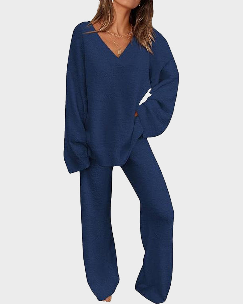 Soft Fuzzy V-Neck Loungewear Set - view 6