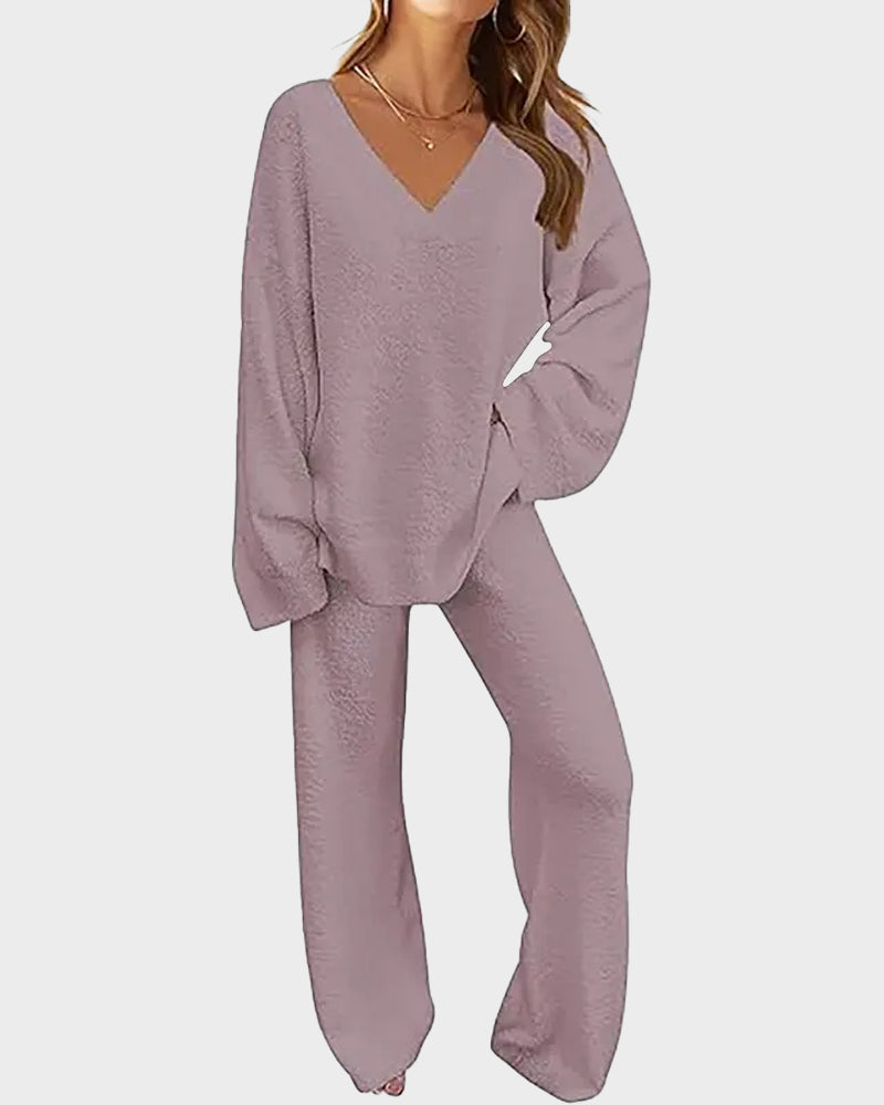 Soft Fuzzy V-Neck Loungewear Set - view 18