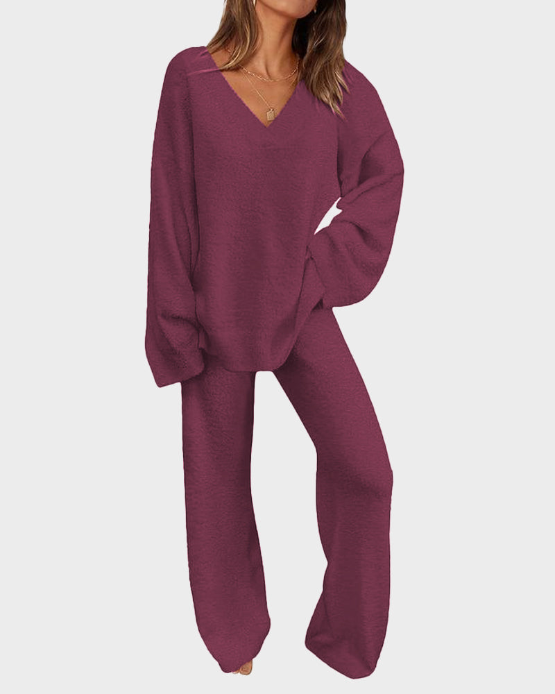 Soft Fuzzy V-Neck Loungewear Set - view 3