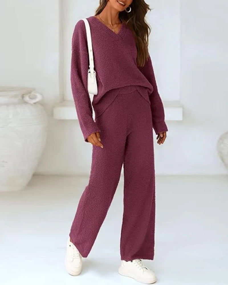Soft Fuzzy V-Neck Loungewear Set - view 4