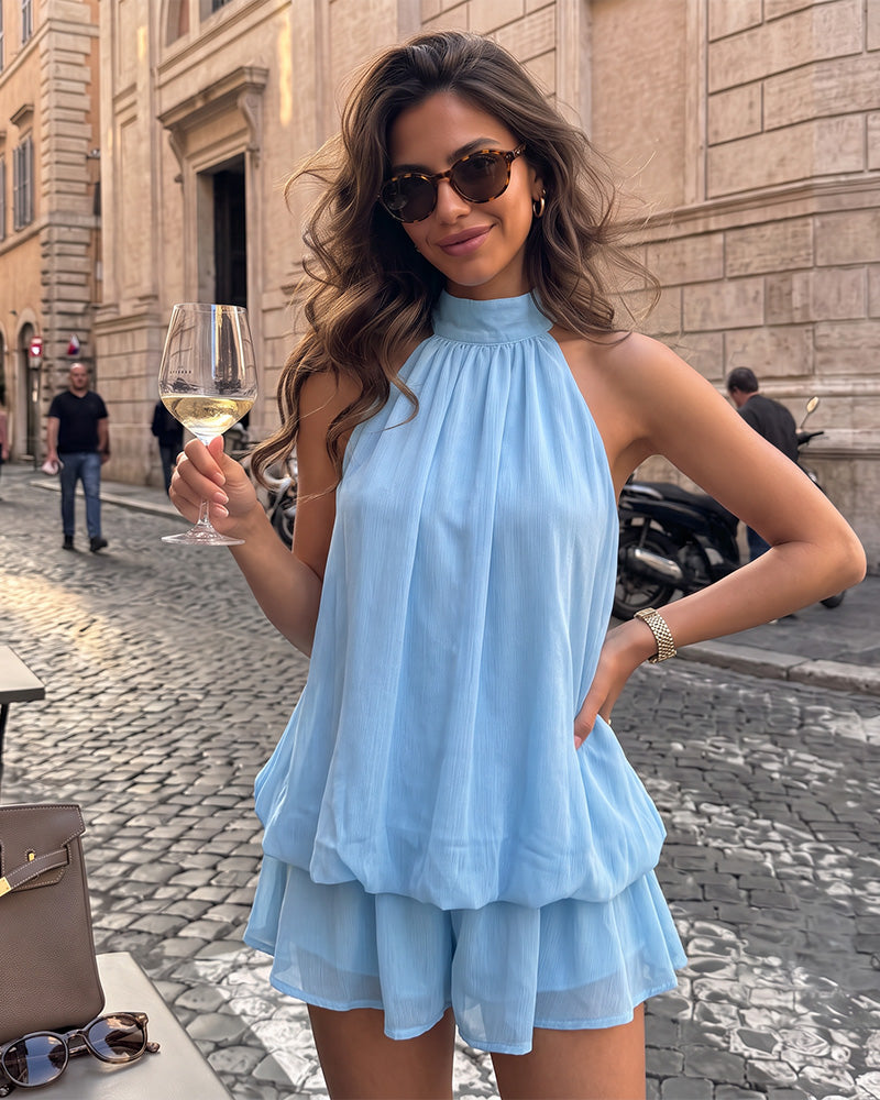 Solid Backless Halter Ruffle Dress - view 3