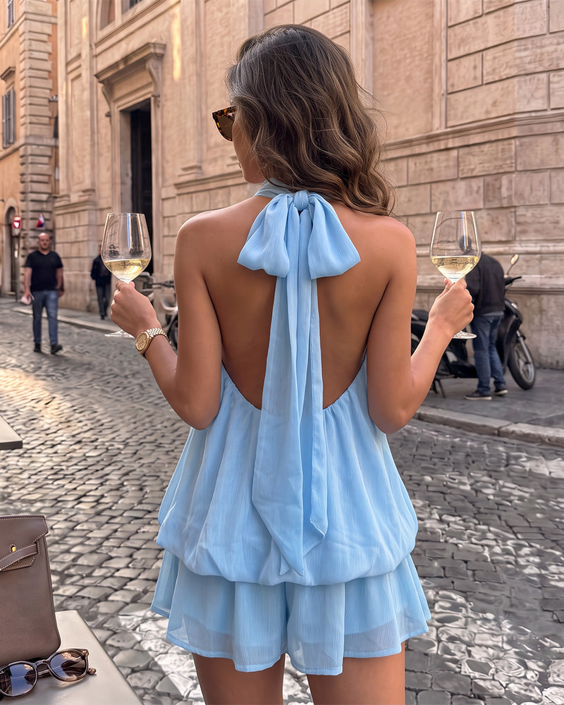 Solid Backless Halter Ruffle Dress - view 4