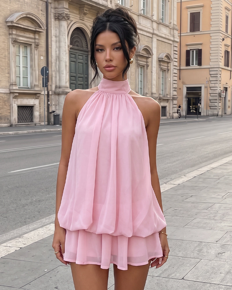 Solid Backless Halter Ruffle Dress - view 9