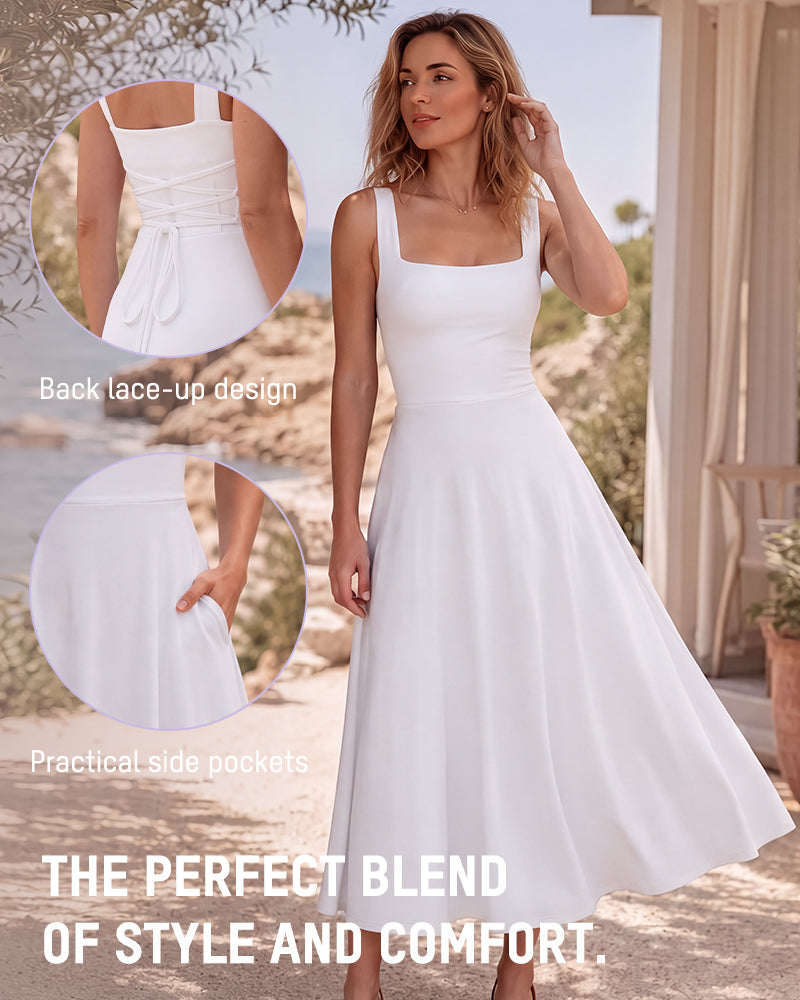 Square-Neck Back-Tie A-Line Midi Dress - view 2