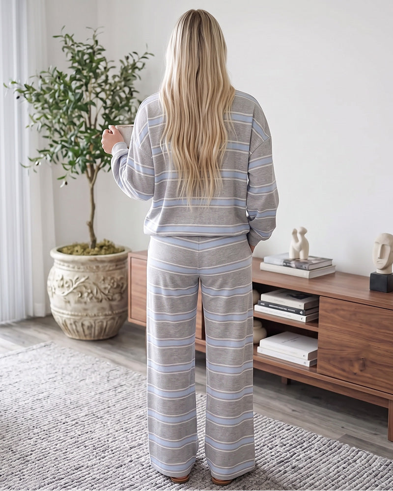 Striped Mock Neck Drop-Shoulder Two-Piece Set - view 2