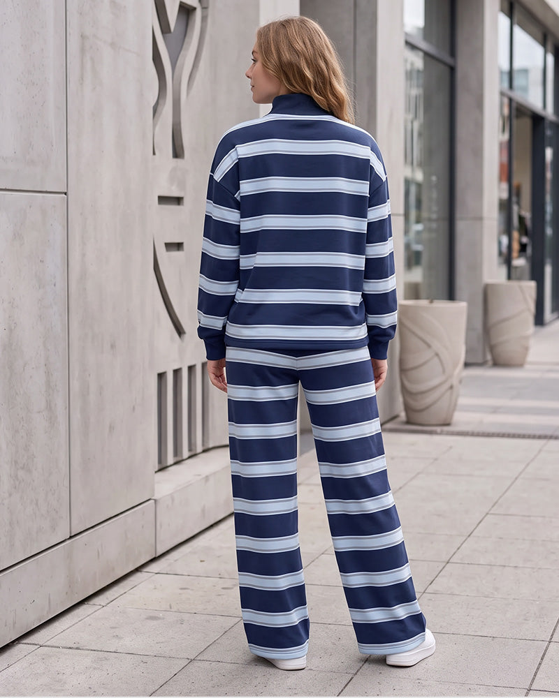 Striped Mock Neck Drop-Shoulder Two-Piece Set - view 6