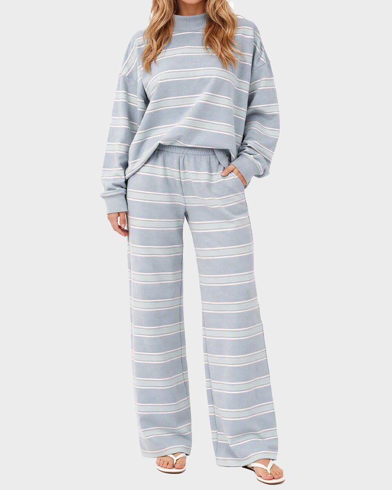 Striped Mock Neck Drop-Shoulder Two-Piece Set - view 10