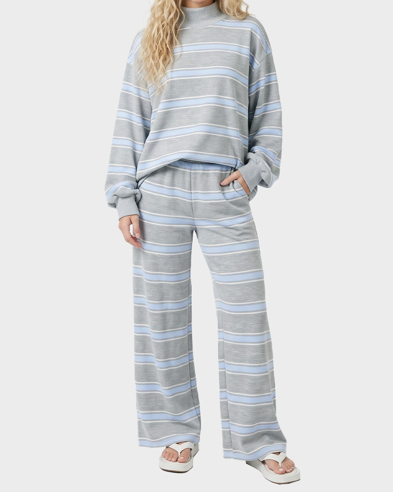 Striped Mock Neck Drop-Shoulder Two-Piece Set - view 9