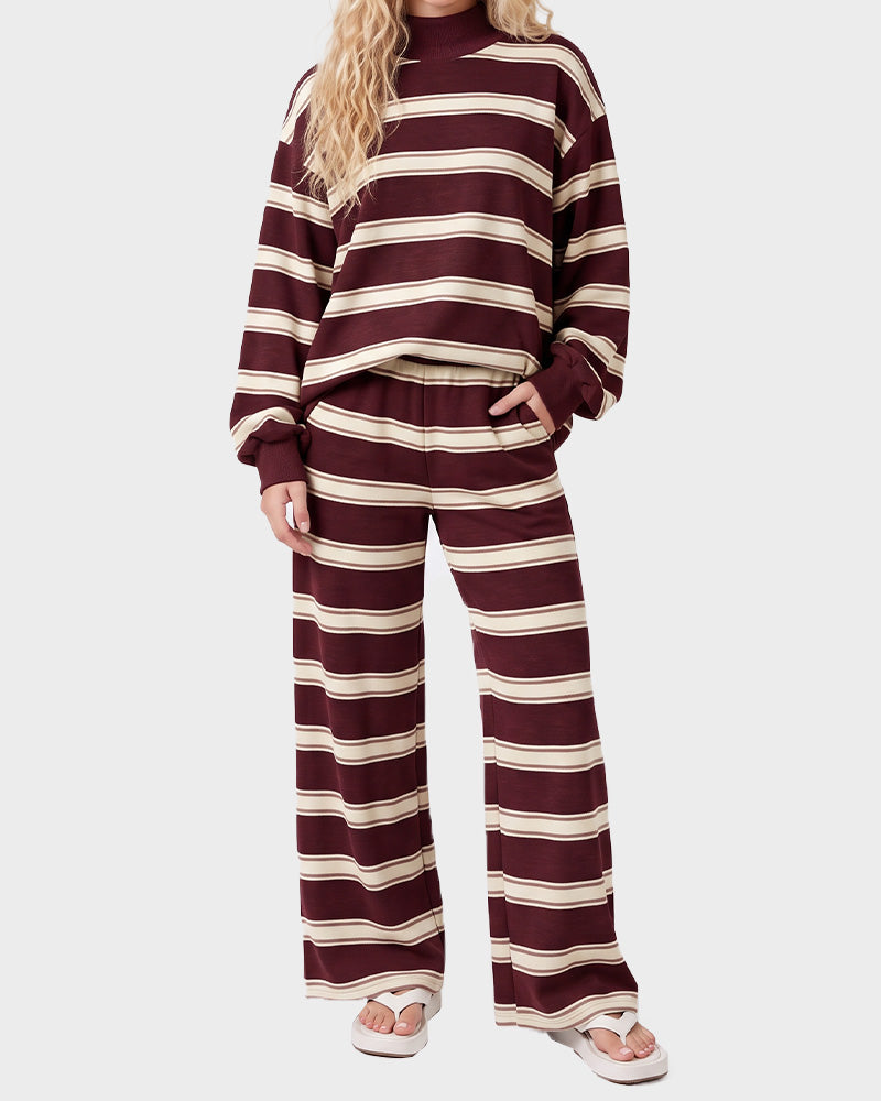 Striped Mock Neck Drop-Shoulder Two-Piece Set - view 12