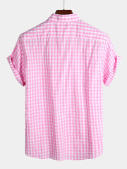 Men's Pink Casual Solid Color Plaid Cotton Pocket Short Sleeve Shirt