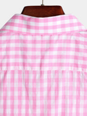 Men's Pink Casual Solid Color Plaid Cotton Pocket Short Sleeve Shirt