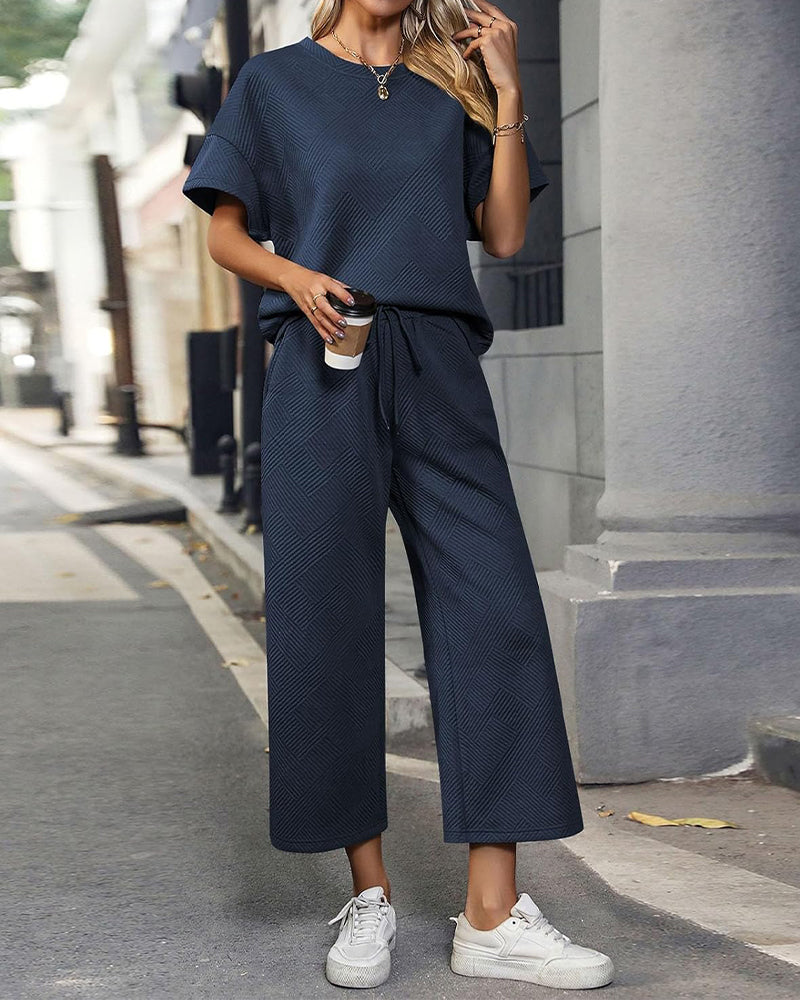 Textured Knit Two-Piece Lounge Set with Drawstring Waist - view 9