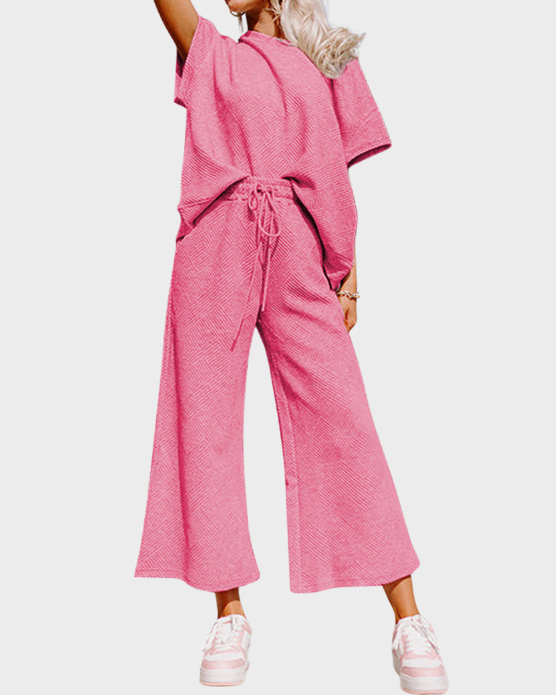 Textured Knit Two-Piece Lounge Set with Drawstring Waist - view 3