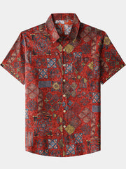 Men’s Short Sleeve Cotton Retro Red Geometric Patchwork Shirt