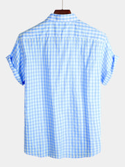Men's Casual Solid Color Plaid Cotton Pocket Short Sleeve Shirt