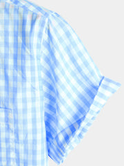 Men's Casual Solid Color Plaid Cotton Pocket Short Sleeve Shirt