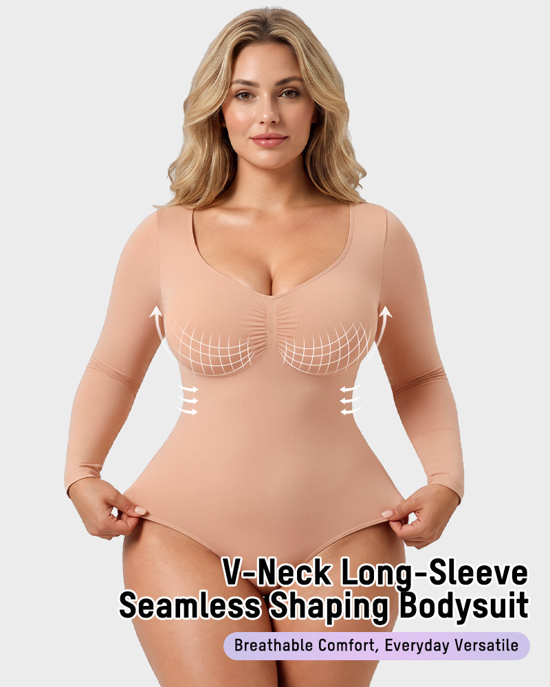 V-Neck Long-Sleeve Seamless Shaping Bodysuit - view 2
