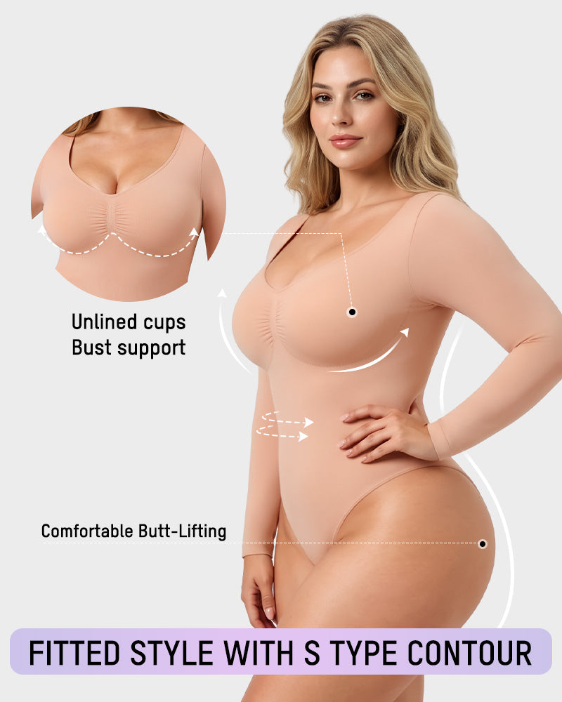 V-Neck Long-Sleeve Seamless Shaping Bodysuit - view 3