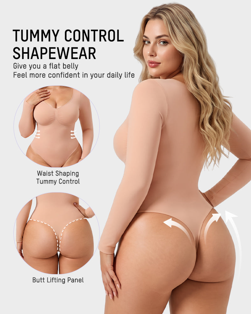 V-Neck Long-Sleeve Seamless Shaping Bodysuit - view 5