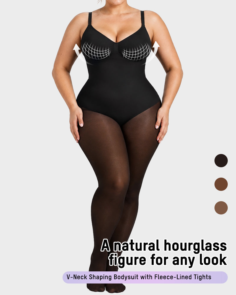 V-Neck Shaping Bodysuit with Fleece-Lined Tights - view 2
