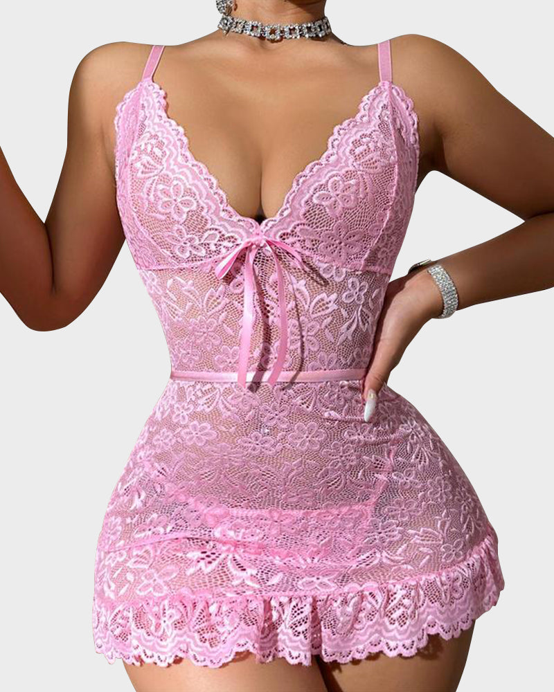 Women Lingerie Lace Chemise Sexy Nightgown Ruffle Hem Sleep Dress with Thong - view 4
