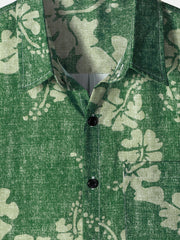 Men's Floral Hawaiian Pocket Green Button Up Short Sleeve Shirt