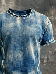 Men's Retro Distressed Soft Denim Frayed Edge Crew Neck Short-Sleeve Top