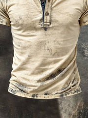 Men'S Retro Pure Cotton Washed Distressed Color-Blocked Henley Collar Short-Sleeve Top