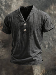Men's Vintage Cotton and Linen Henley Collar Short-Sleeved T-Shirt