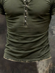 Men'S Vintage Distressed Henley Collar Short-Sleeved Top