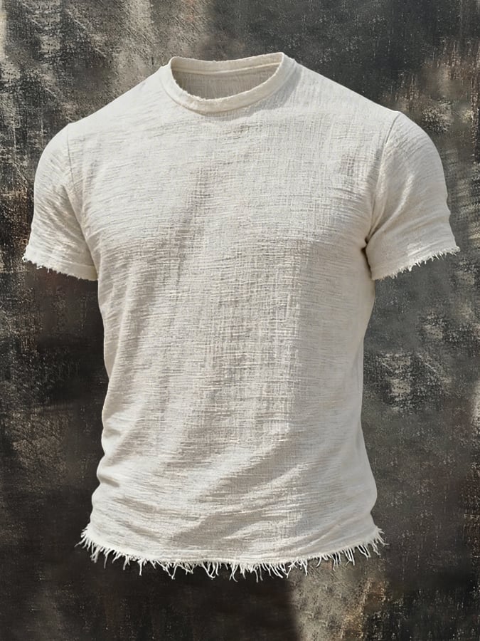 Men's Retro Cotton Linen Frayed Edge Short-Sleeve T-Shirt