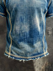 Men's Retro Distressed Soft Denim Frayed Edge Crew Neck Short-Sleeve Top