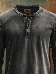 Men's Vintage Print Distressed Long Sleeve Henley