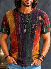 Men's Hippie Patchwork Sun Moon Star Boho Art Print T-shirt